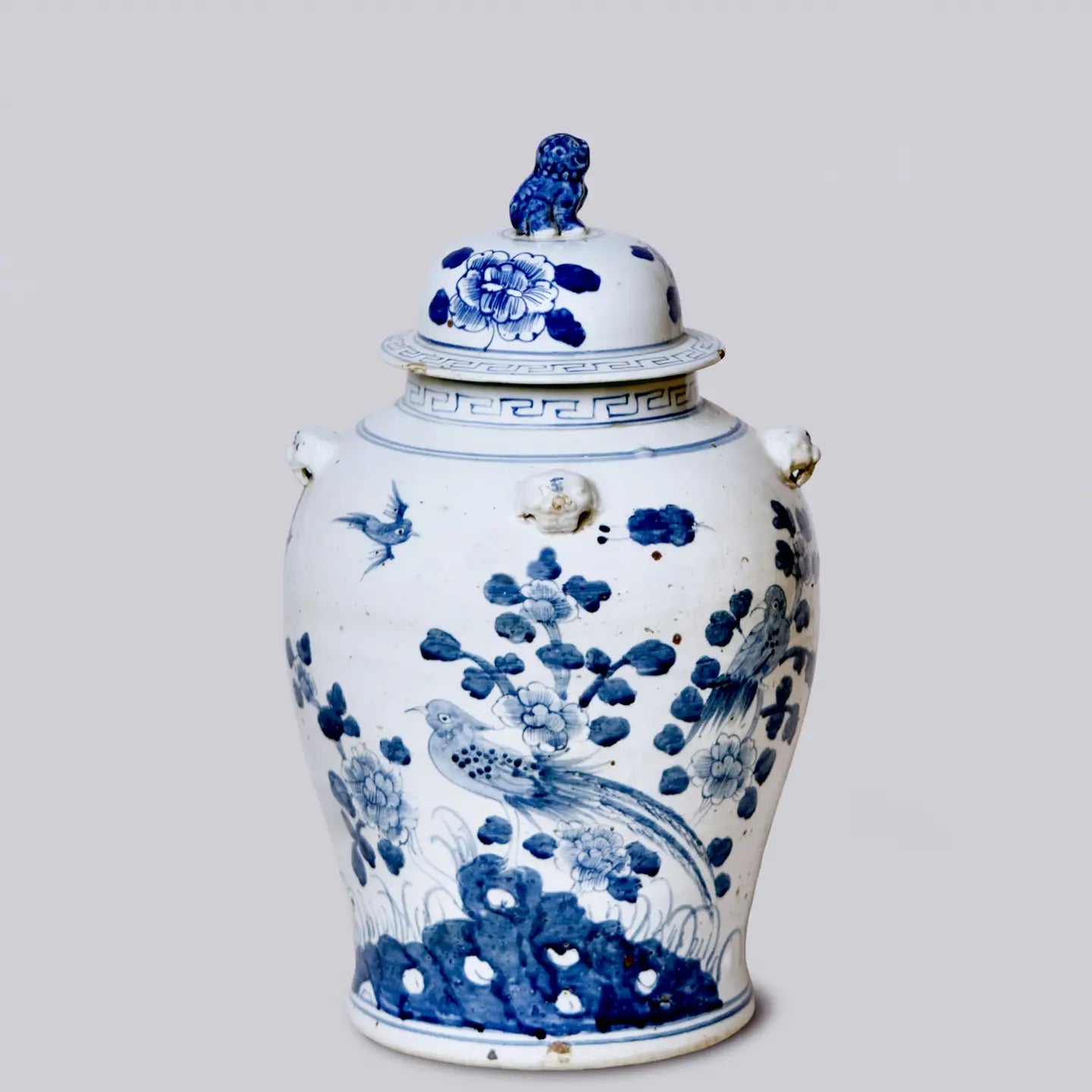 Birds & Flowers Blue & White Porcelain Temple Jar