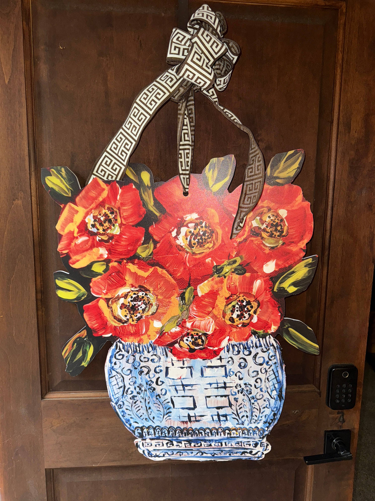 Designer Red Poppies in Ginger Jar Door Hanger | Chinoiserie Home Decor