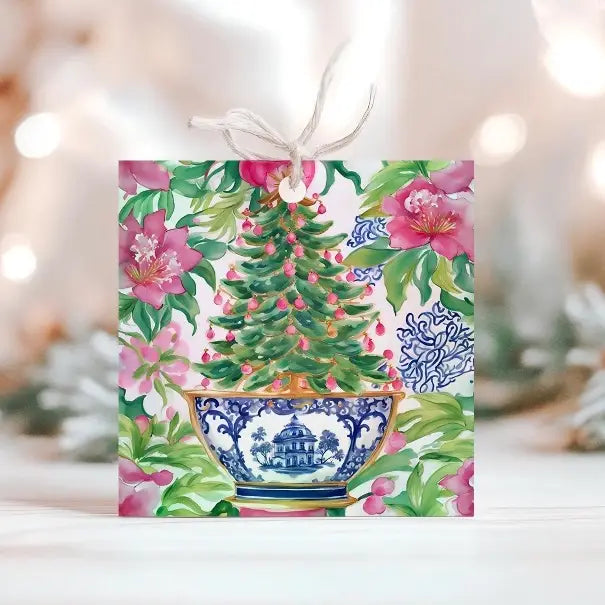 Christmas Tree & Poinsettia Chinoiserie Holiday Gift Tag Set of 8 | Chinoiserie Christmas Gift Tags