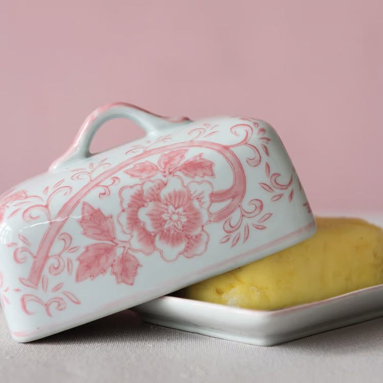 Pink Floral Stoneware Butter Dish | Hand-Painted Serveware
