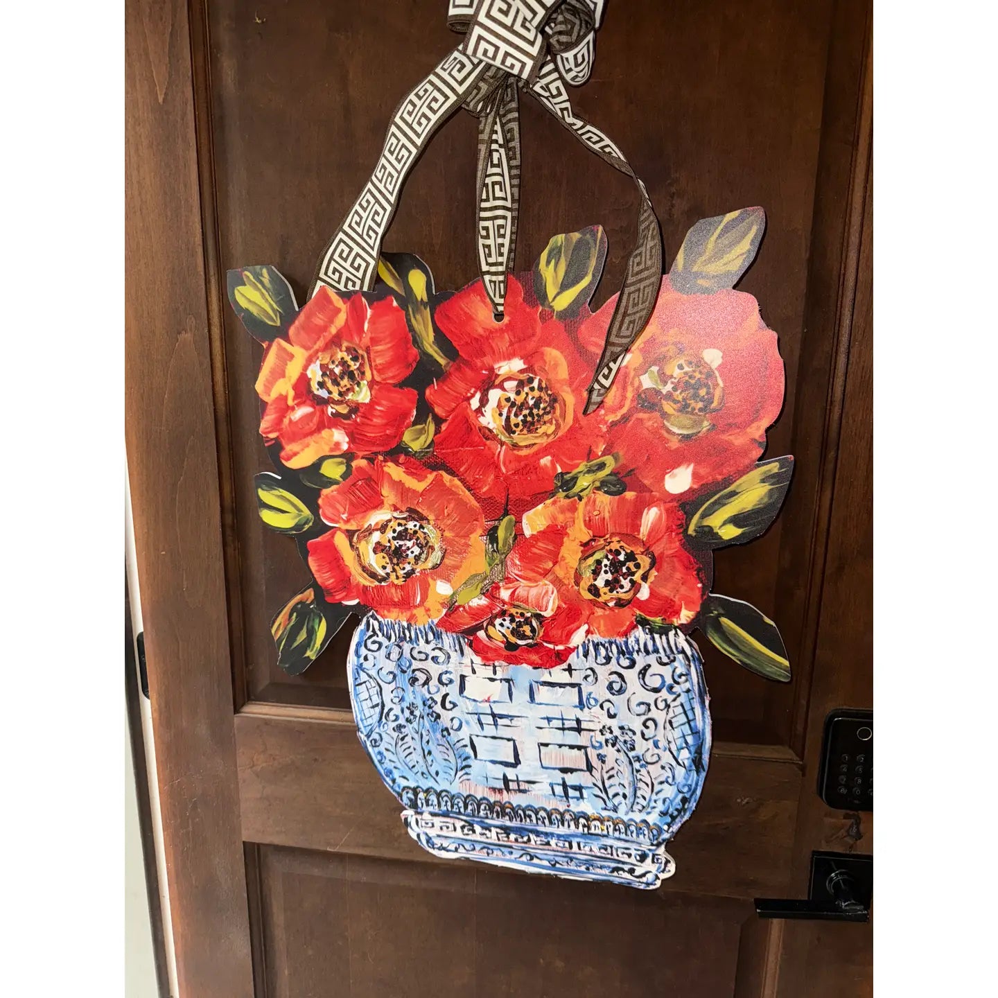 Large Red Poppies in Ginger Jar Door Hanger | Chinoiserie Door Decor