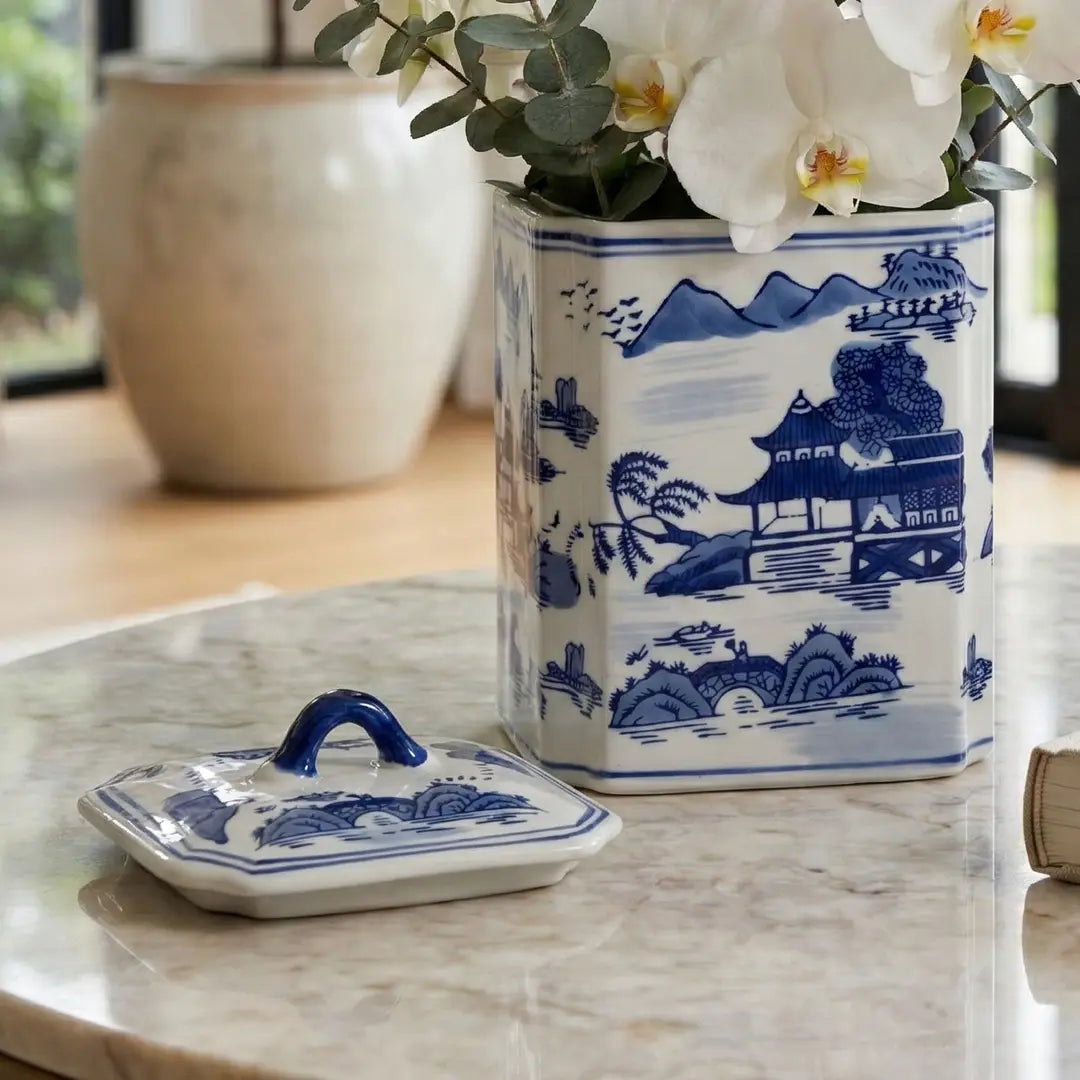 Blue & White Chinoiserie Ceramic Lidded Jar
