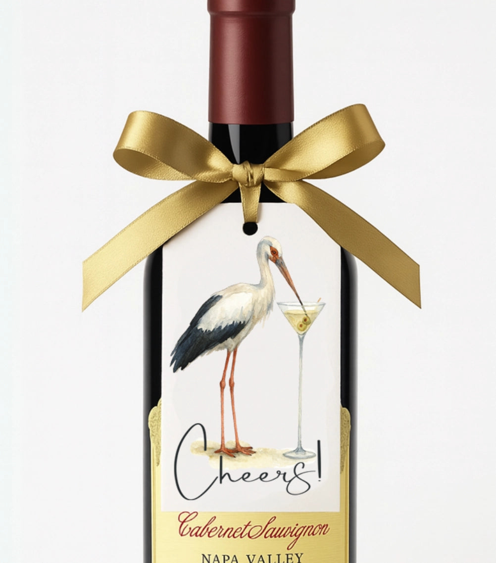Elegant Stork with Tall Dirty Martini Cheers Gift Tag Set