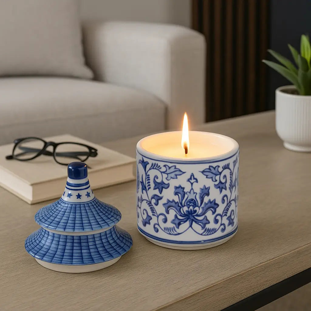 Pagoda Blue & White Ceramic Candle | Chinoiserie Scented Candles
