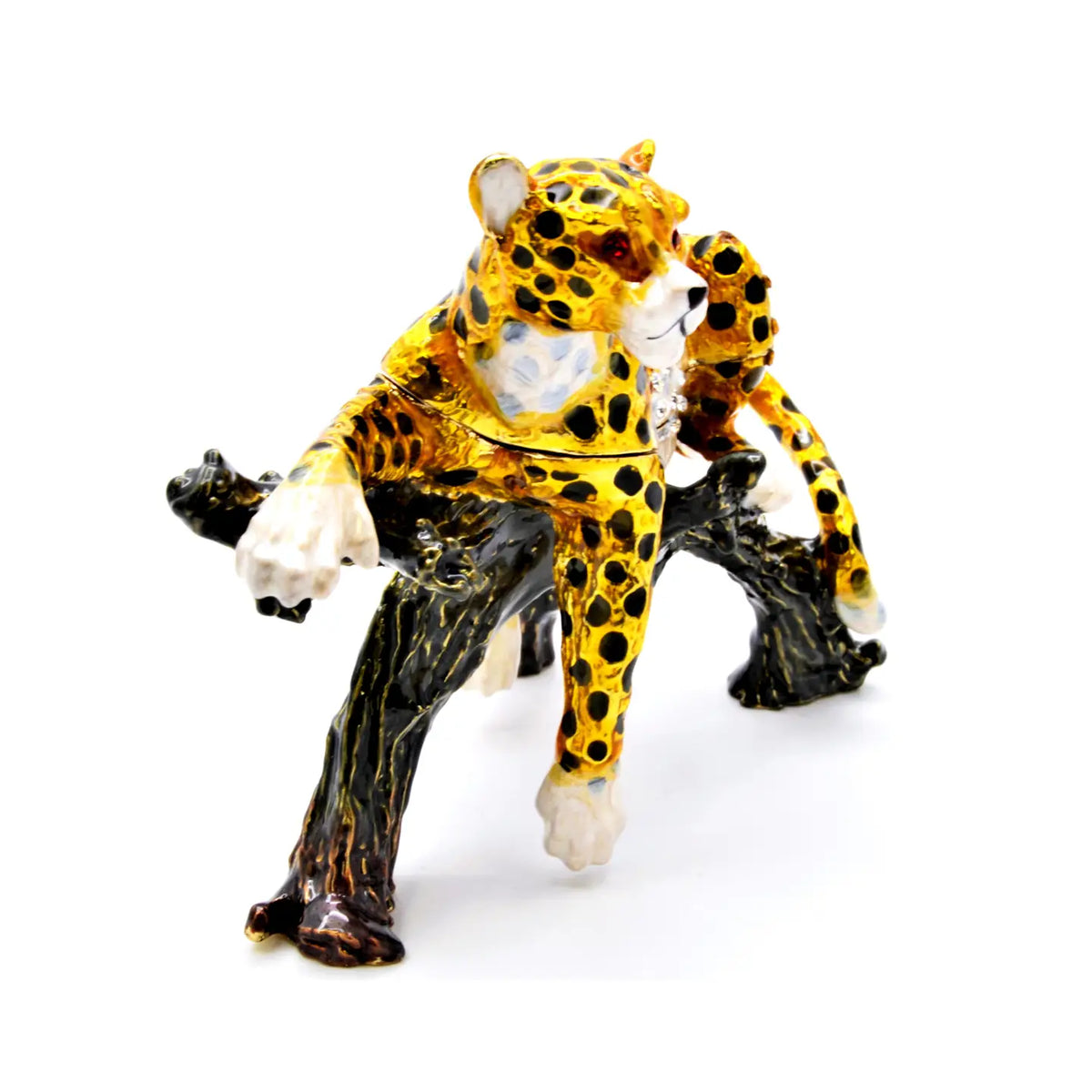 Jeweled Cheetah Sitting on Branch Trinket Box | Palm Beach Decor