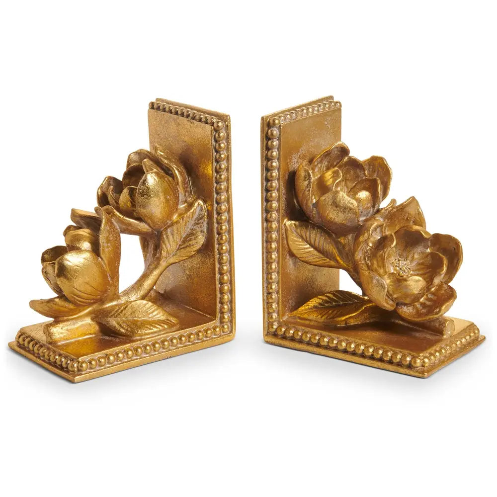 Gold Magnolia Bookends | Elegant Floral Decorative Bookends