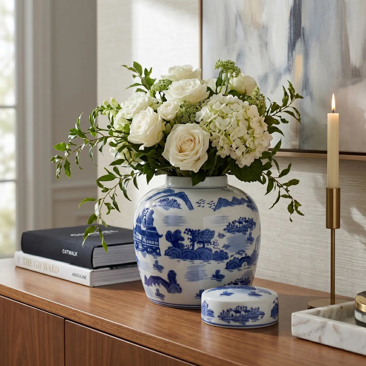10" Chinoiserie Blue & White Round Lidded Jar | Classic Chinoiserie Home Decor