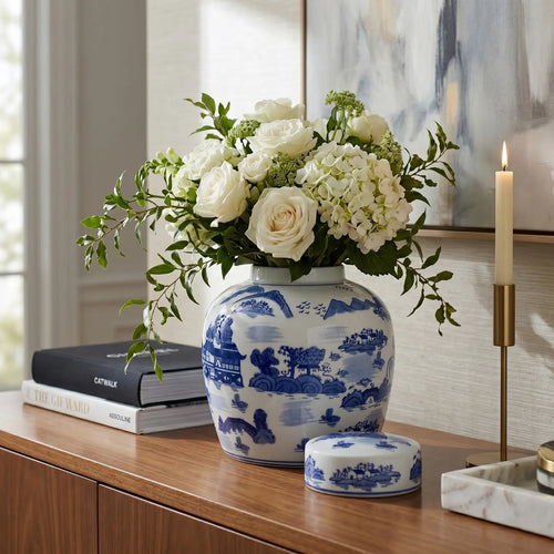 10" Chinoiserie Blue & White Round Lidded Jar | Classic Chinoiserie Home Decor