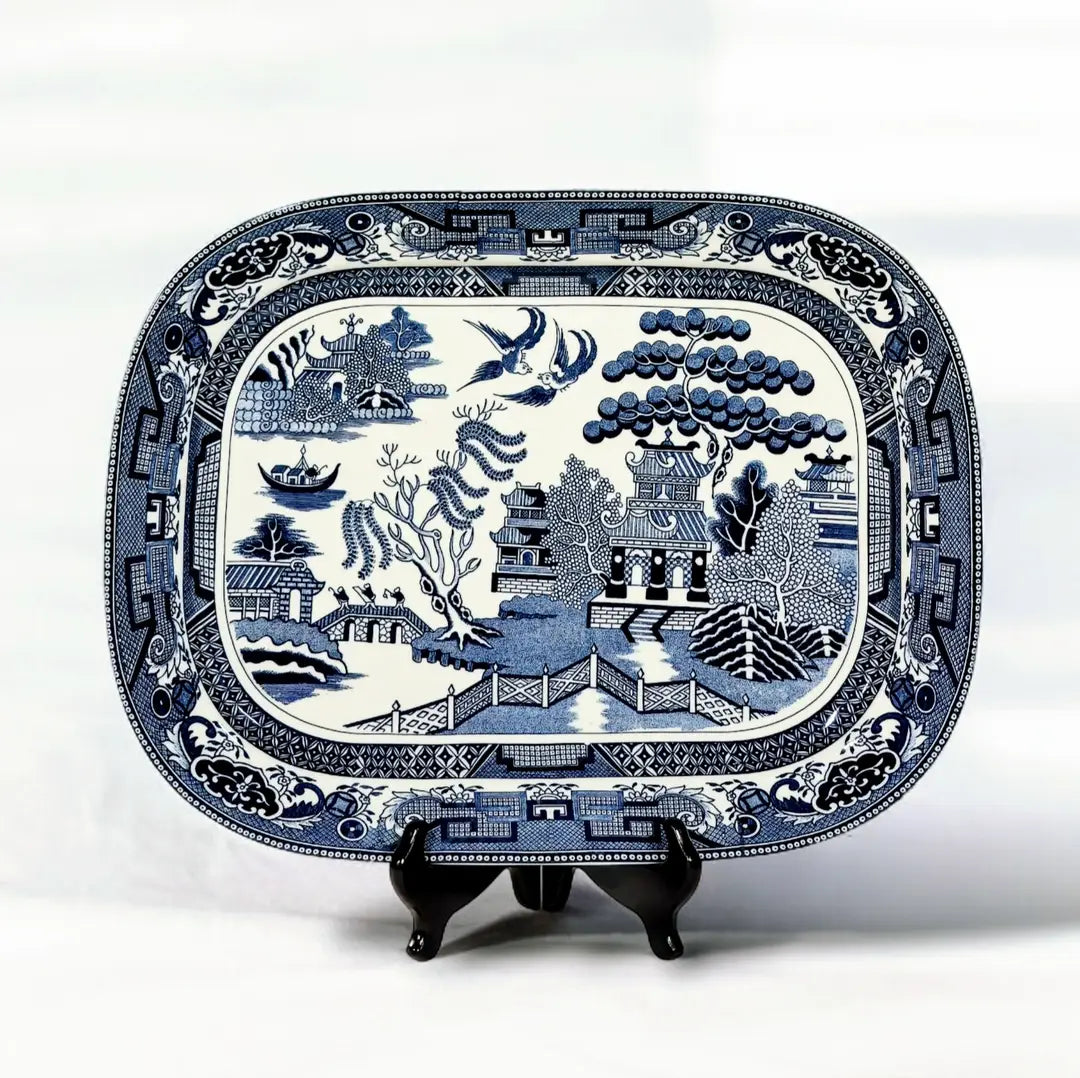 Classic Blue Willow Design Chinoiserie Porcelain Platter (Stand Not Included)