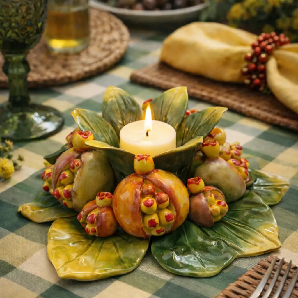 Capodimonte Italian Ceramic Pomegranate Candle Holder | Hand-Painted