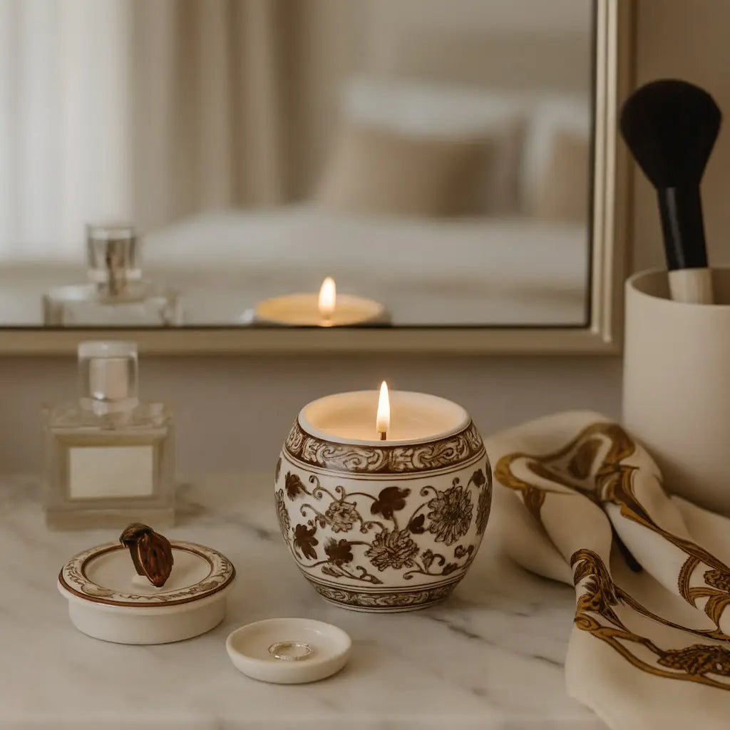 Brown & White Chinoiserie Ceramic Jar Candle | Peony Scented Soy Wax