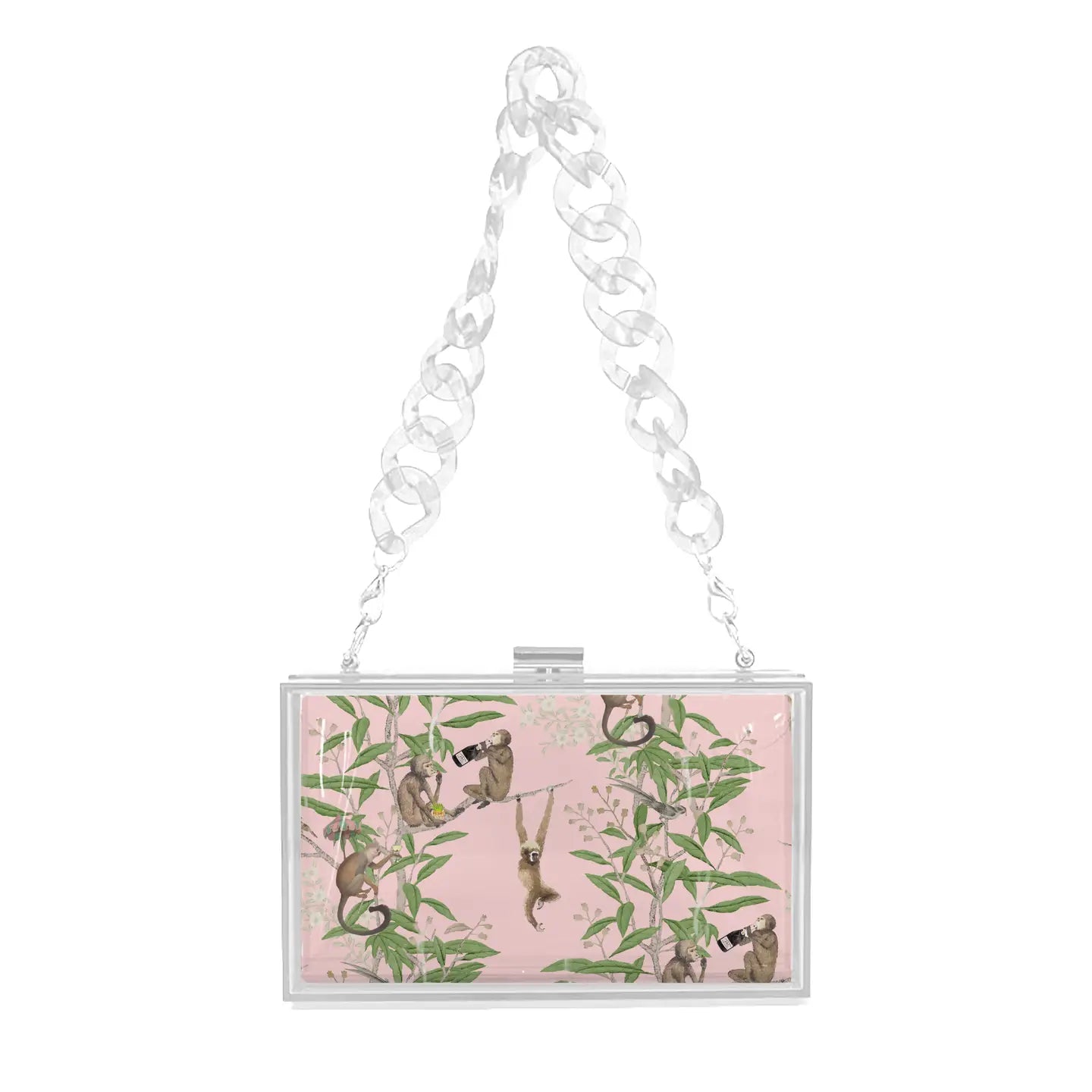 Clear Lucite Monkey Clutch with Champagne & Tree Design | Statement Bag