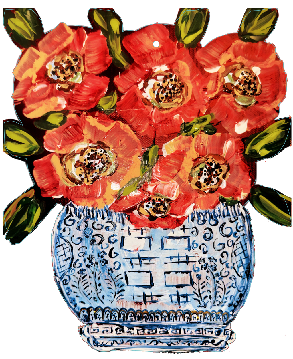 Designer Red Poppies in Ginger Jar Door Hanger | Chinoiserie Home Decor