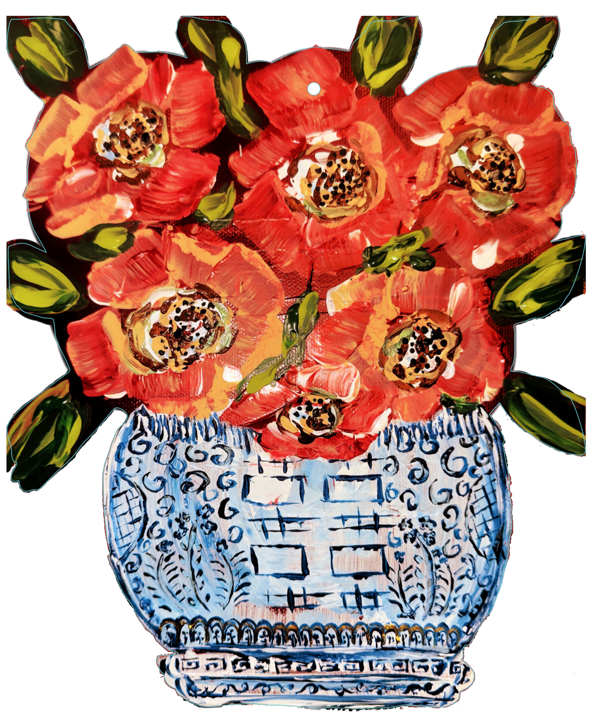 Designer Red Poppies in Ginger Jar Door Hanger | Chinoiserie Home Decor