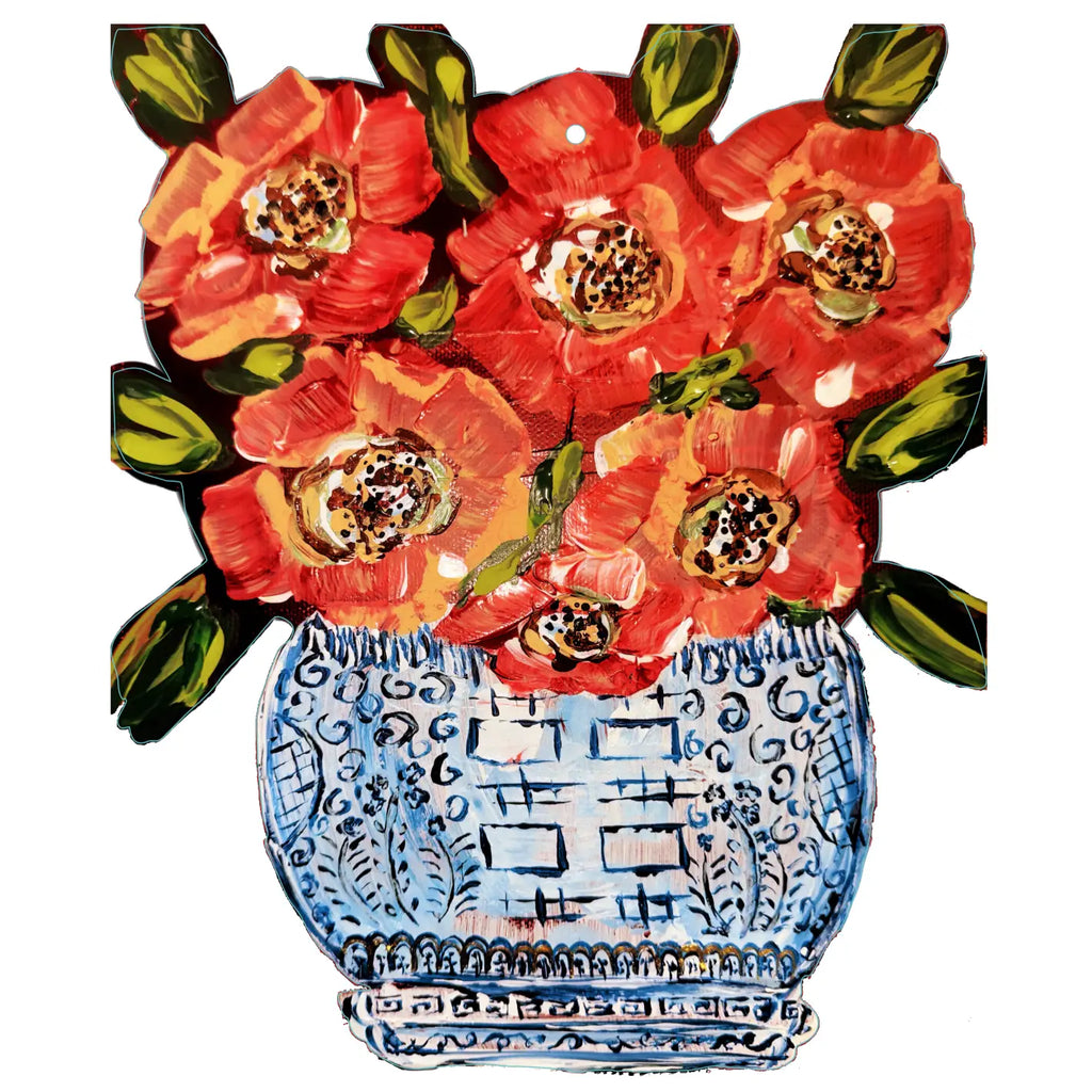 Large Red Poppies in Ginger Jar Door Hanger | Chinoiserie Door Decor