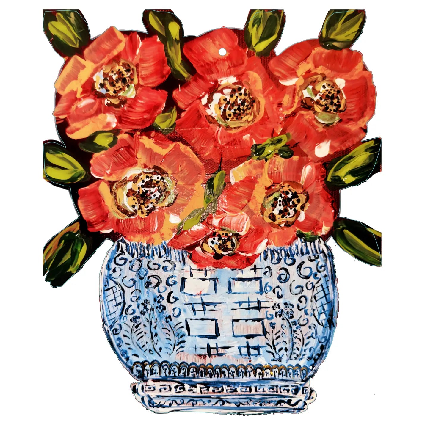 Large Red Poppies in Ginger Jar Door Hanger | Chinoiserie Door Decor