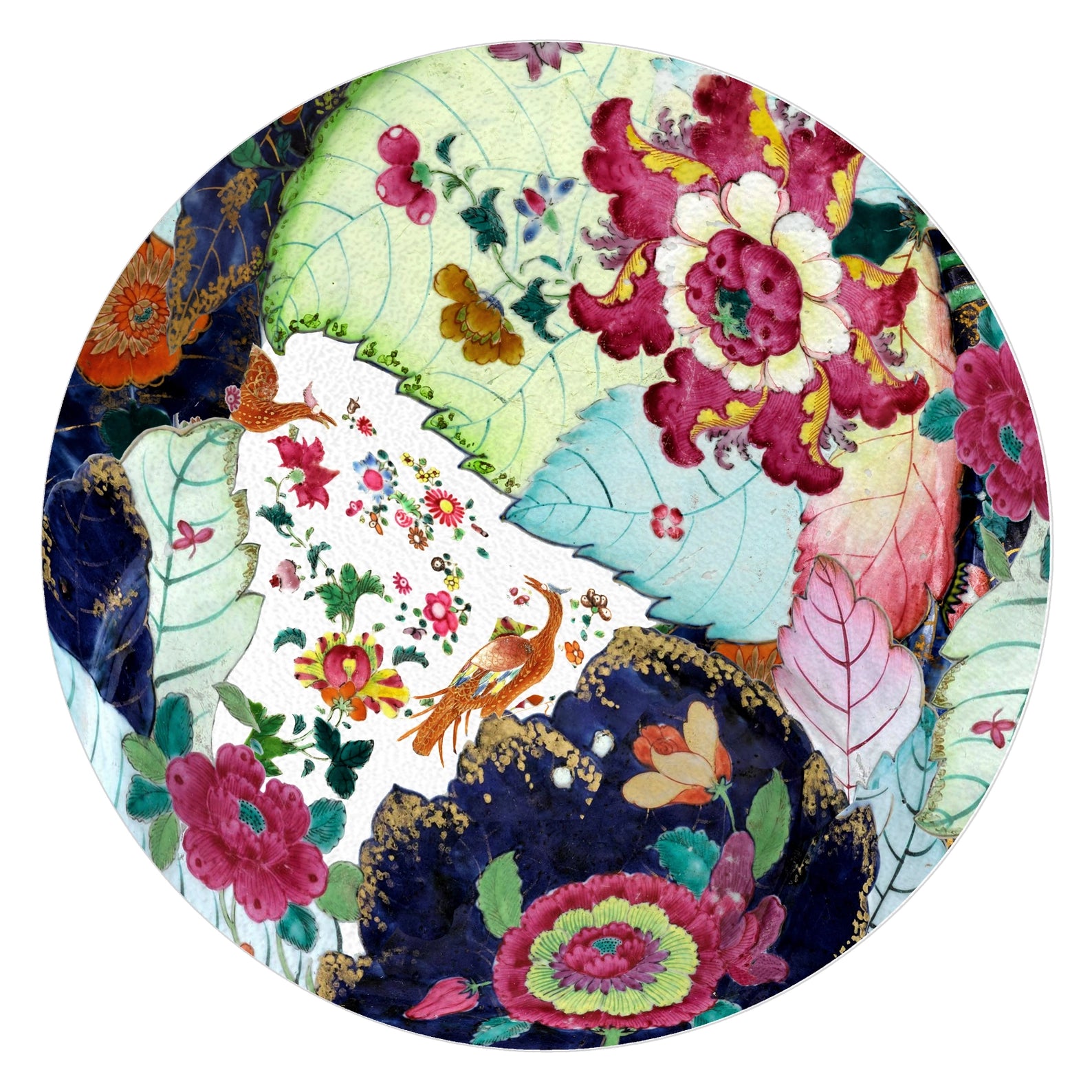 Ancient Tobacco Leaf Glass Cutting Board | Chinoiserie Round Serving & Prep Board