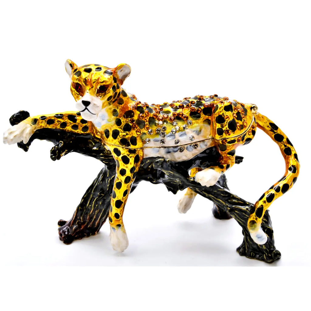 Jeweled Cheetah Sitting on Branch Trinket Box | Palm Beach Decor