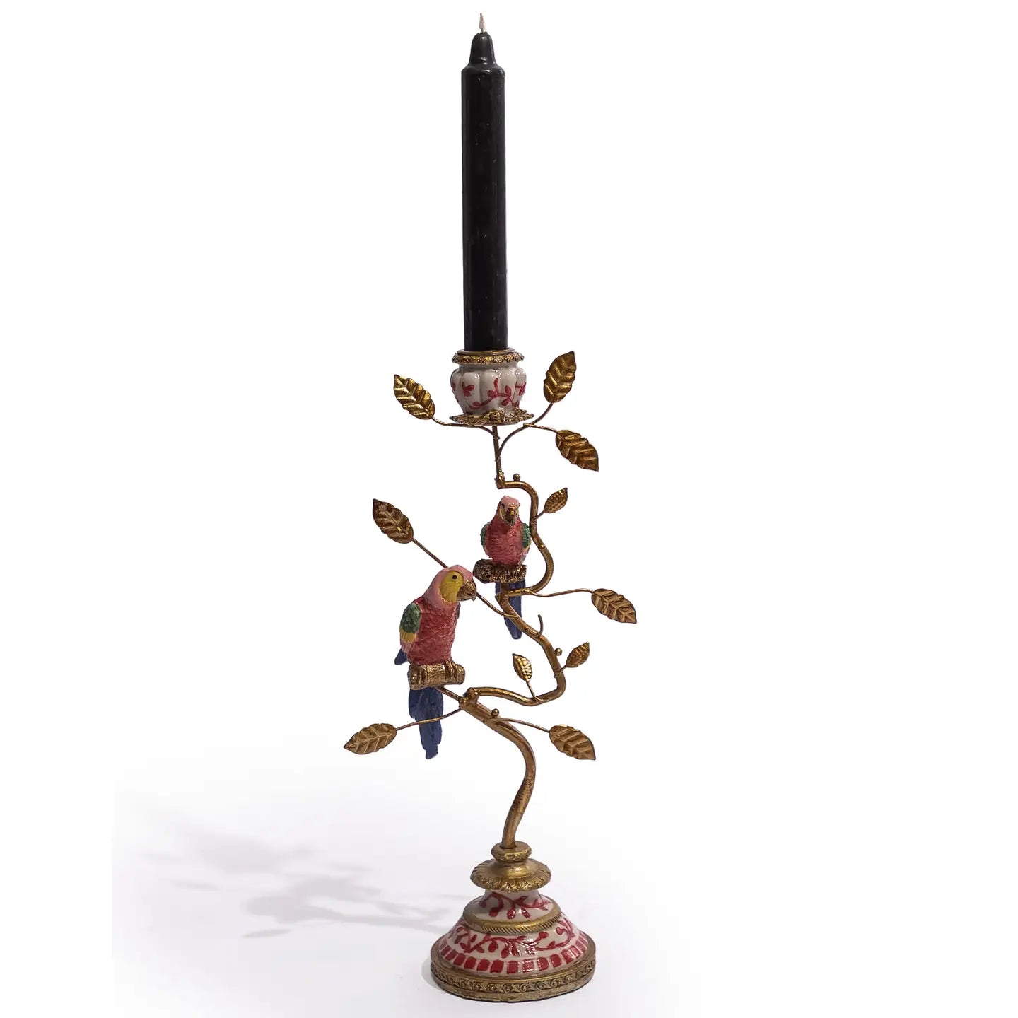 Pink & Gold Parrot Branch Candlestick | Grandmillennial Chinoiserie Decor