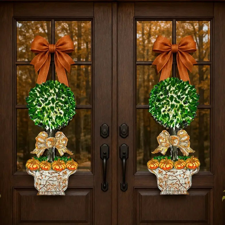 Pair of Chinoserie Pumpkin Topiary Door Hangers | Elegant Fall Decor