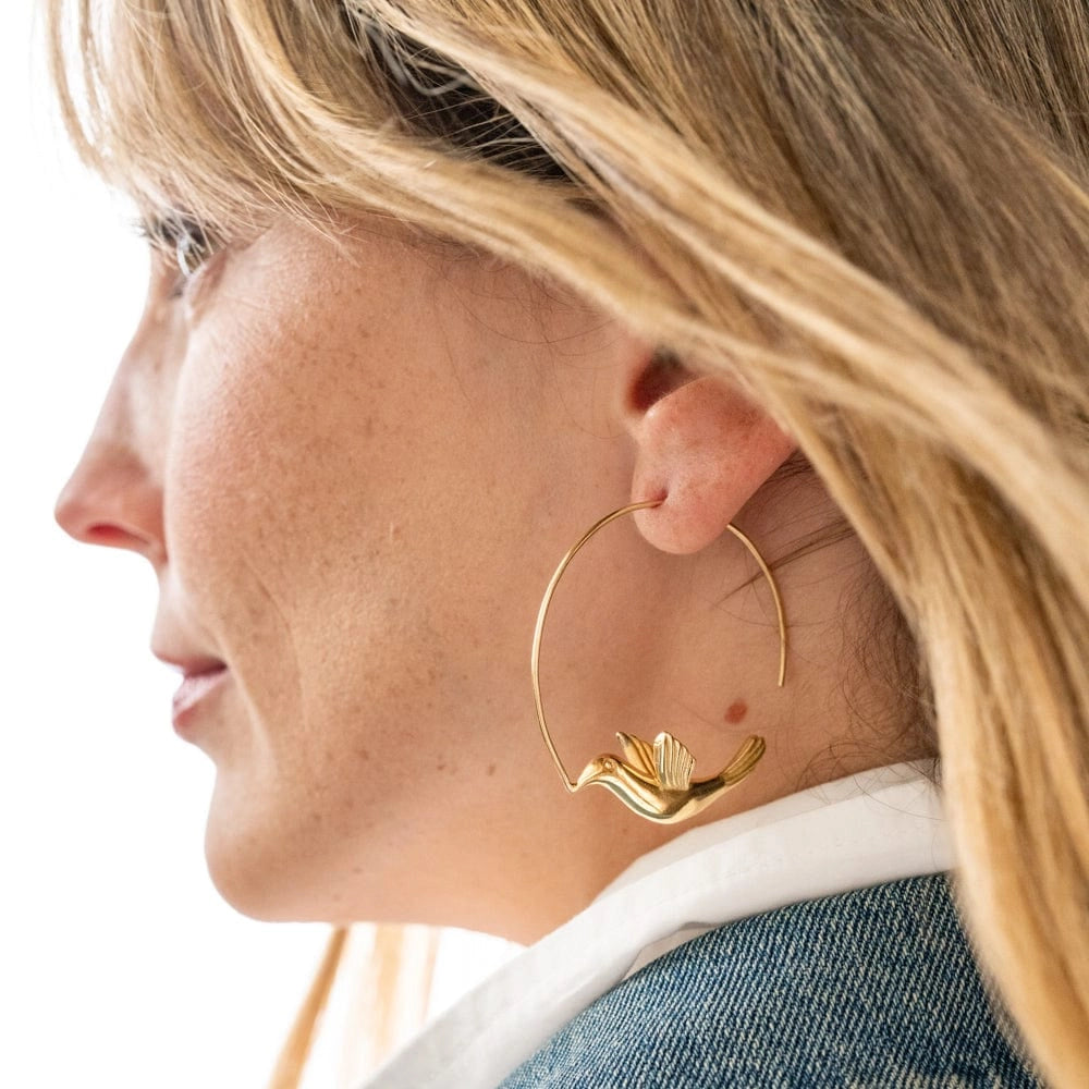 Wren Bird Hoop Earrings in Brass