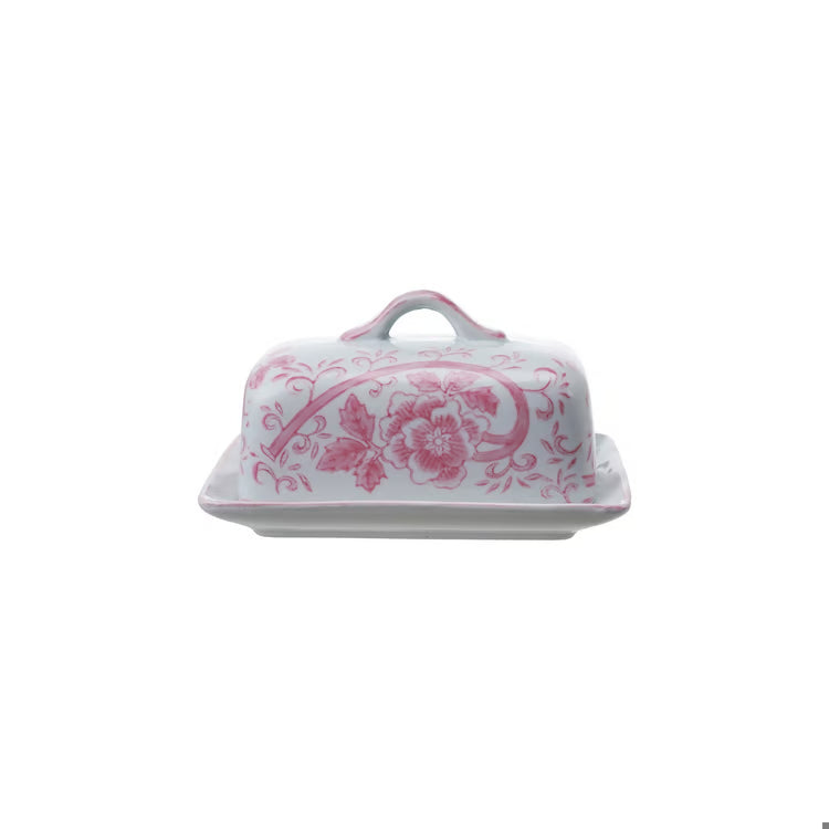 Pink Floral Stoneware Butter Dish | Hand-Painted Serveware