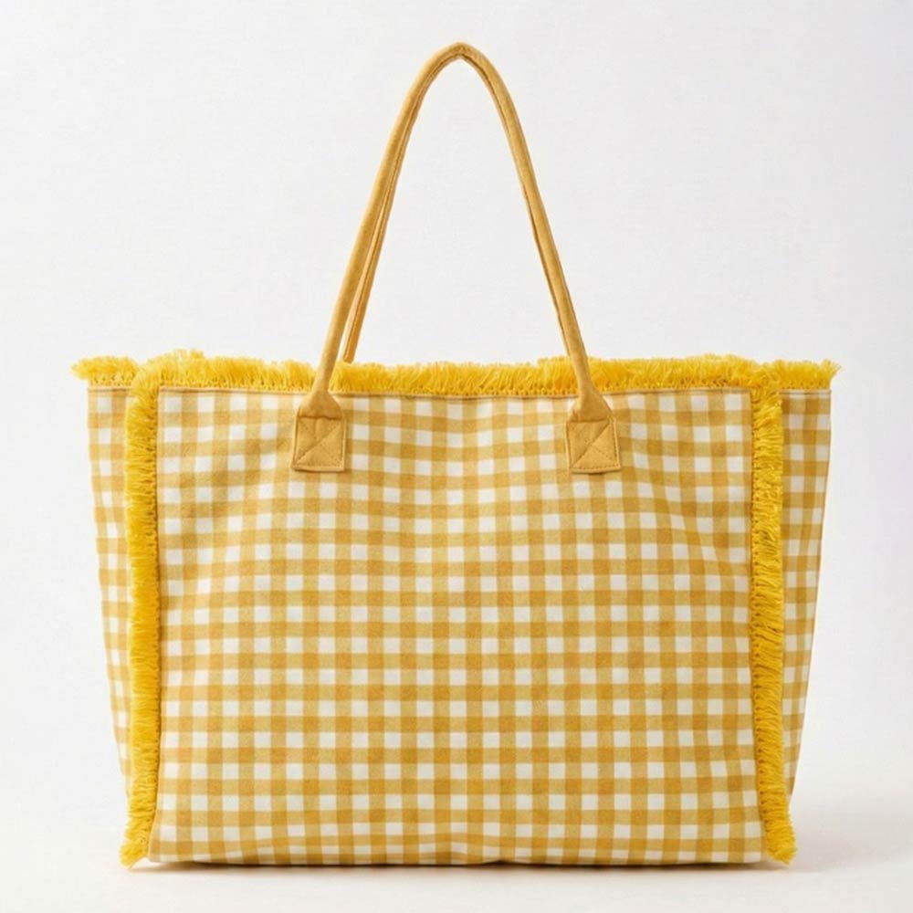 Gingham Terry Cloth Tote Bag with Frayed Fringe