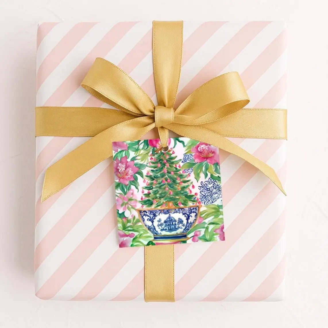 Christmas Tree & Poinsettia Chinoiserie Holiday Gift Tag Set of 8 | Chinoiserie Christmas Gift Tags