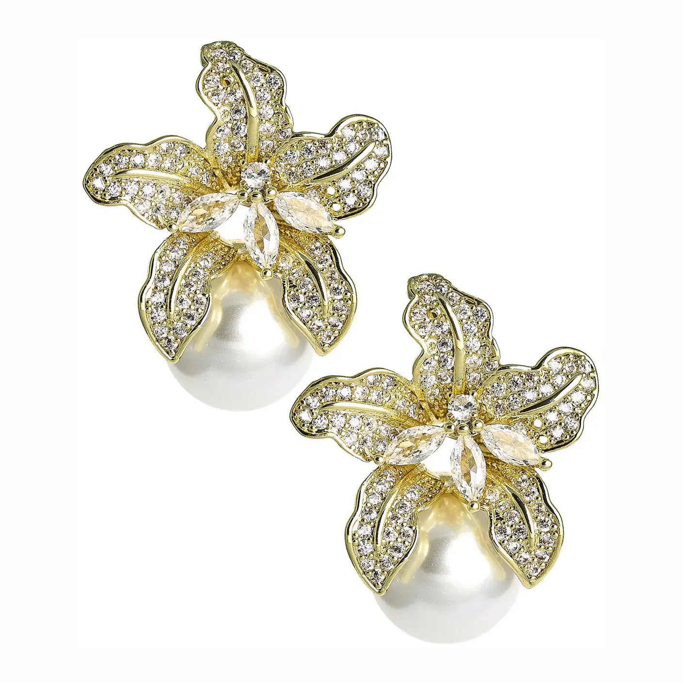 18K Gold Plated Flower Rhinestone & Pearl Earrings | Grandmillennial Statement Jewelry