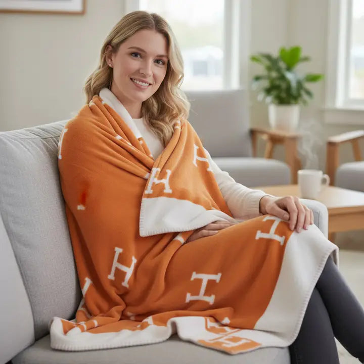 Monogram Pattern Reversible Throw Blanket Orange