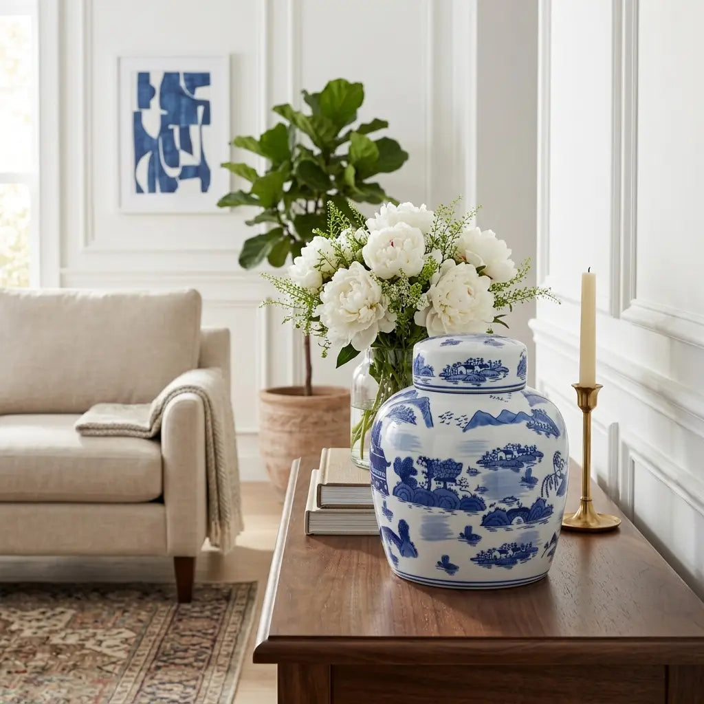 10" Chinoiserie Blue & White Round Lidded Jar | Classic Chinoiserie Home Decor