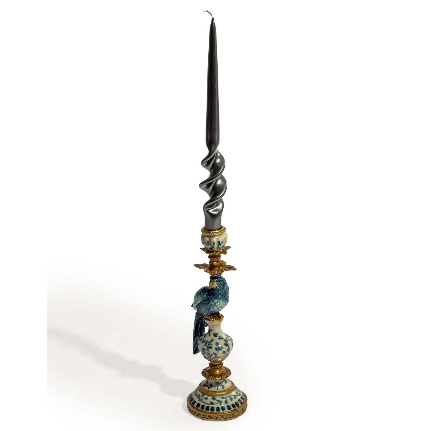 Antiqued Ornate Blue & White Parrot Candlestick | Elegant Chinoiserie Home Decor