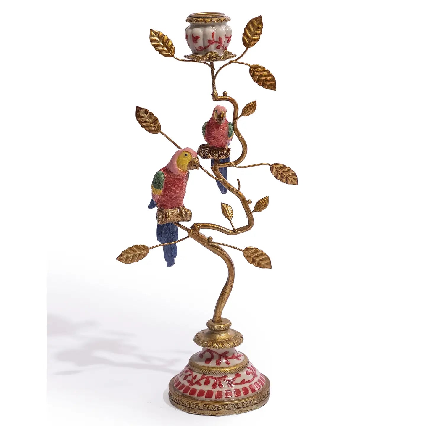 Pink & Gold Parrot Branch Candlestick | Grandmillennial Chinoiserie Decor