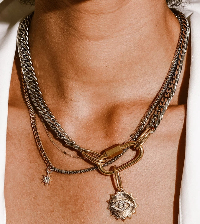 Evil Eye Carabiner 3-Strand Necklace | Layered Necklace