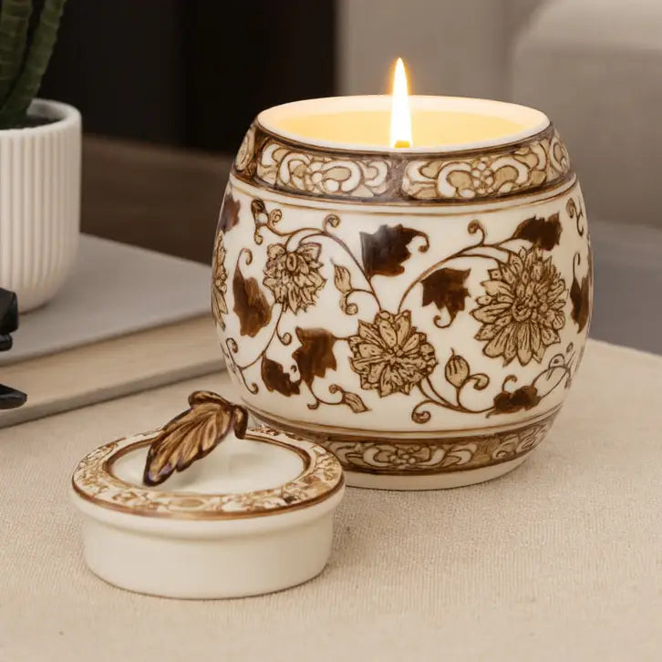 Brown & White Chinoiserie Ceramic Jar Candle | Peony Scented Soy Wax