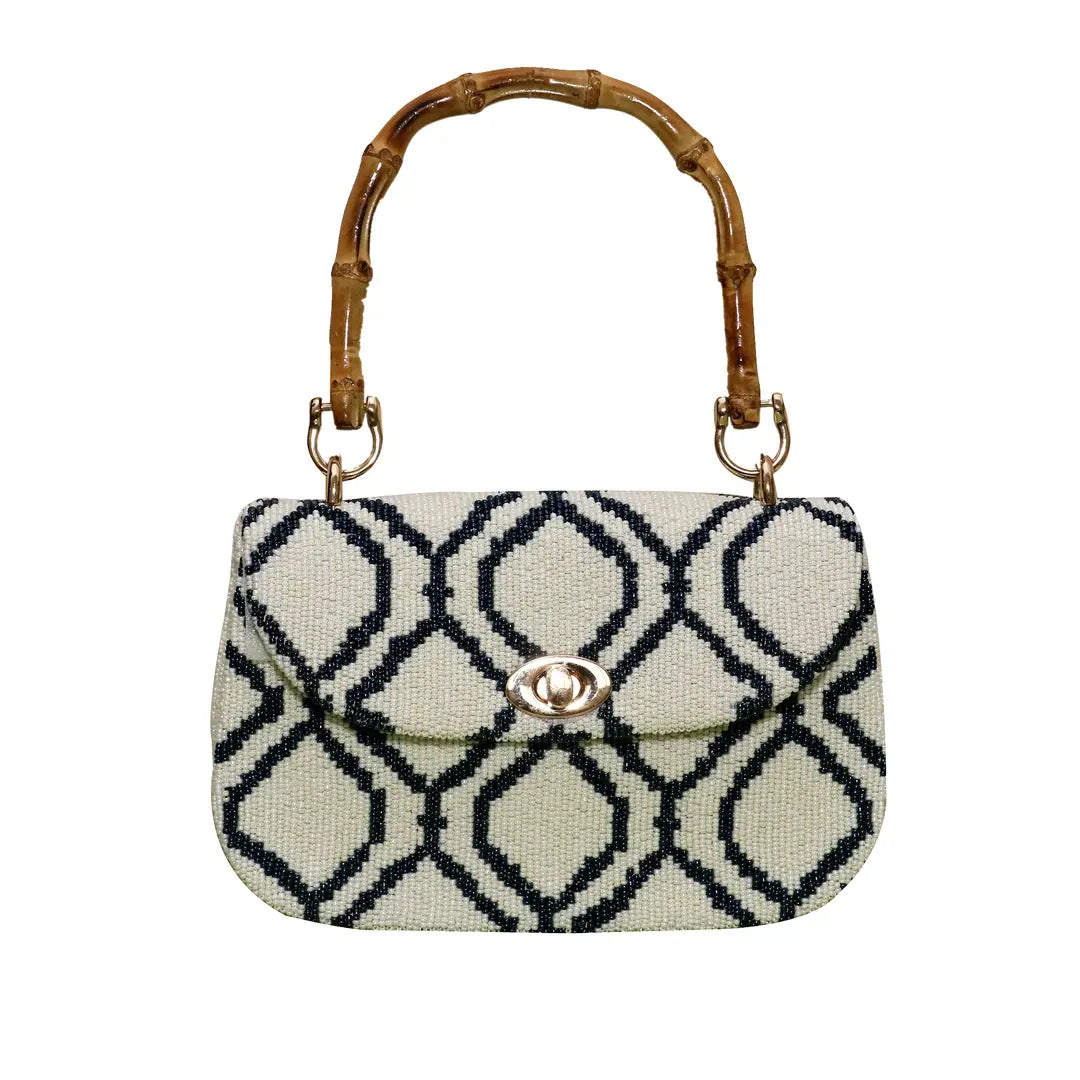 Bamboo Handle Beaded Geometric Print Handbag | Designer Statement Bag