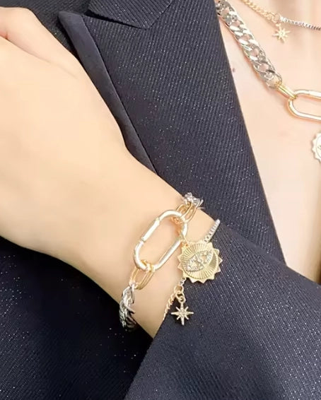Evil Eye Charm Carabiner Stacked Bracelet | Chic Stacked Bracelet