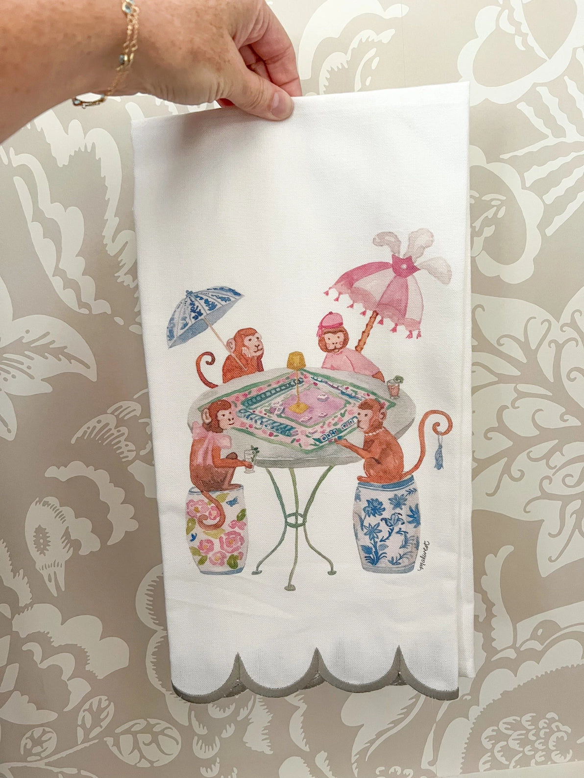 Mahjong Monkeys Scalloped Tea Towel | Chinoiserie Mahjong Tea Towel