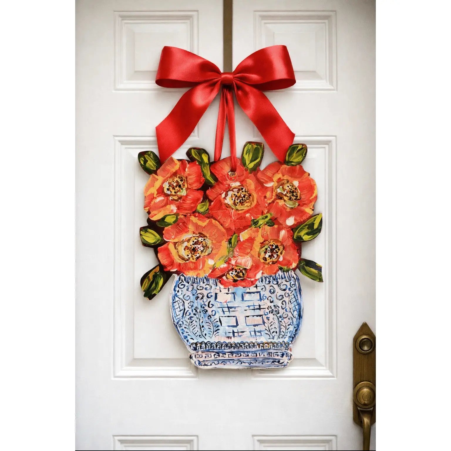 Large Red Poppies in Ginger Jar Door Hanger | Chinoiserie Door Decor