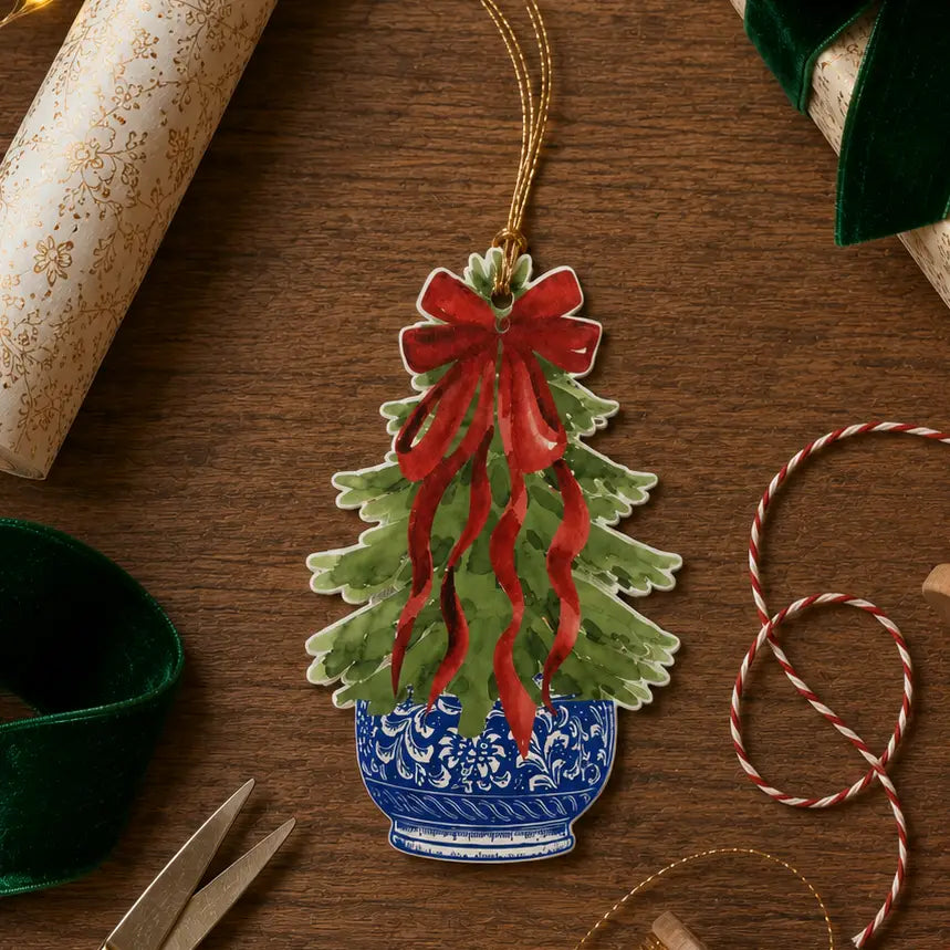 Christmas Tree Die-Cut Gift Tag Set of 8 | Red Bow Chinoiserie Gift Tags