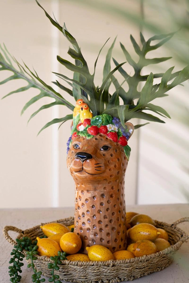 Tropical Ceramic Cheetah Head Vase | Palm Beach Home Decor