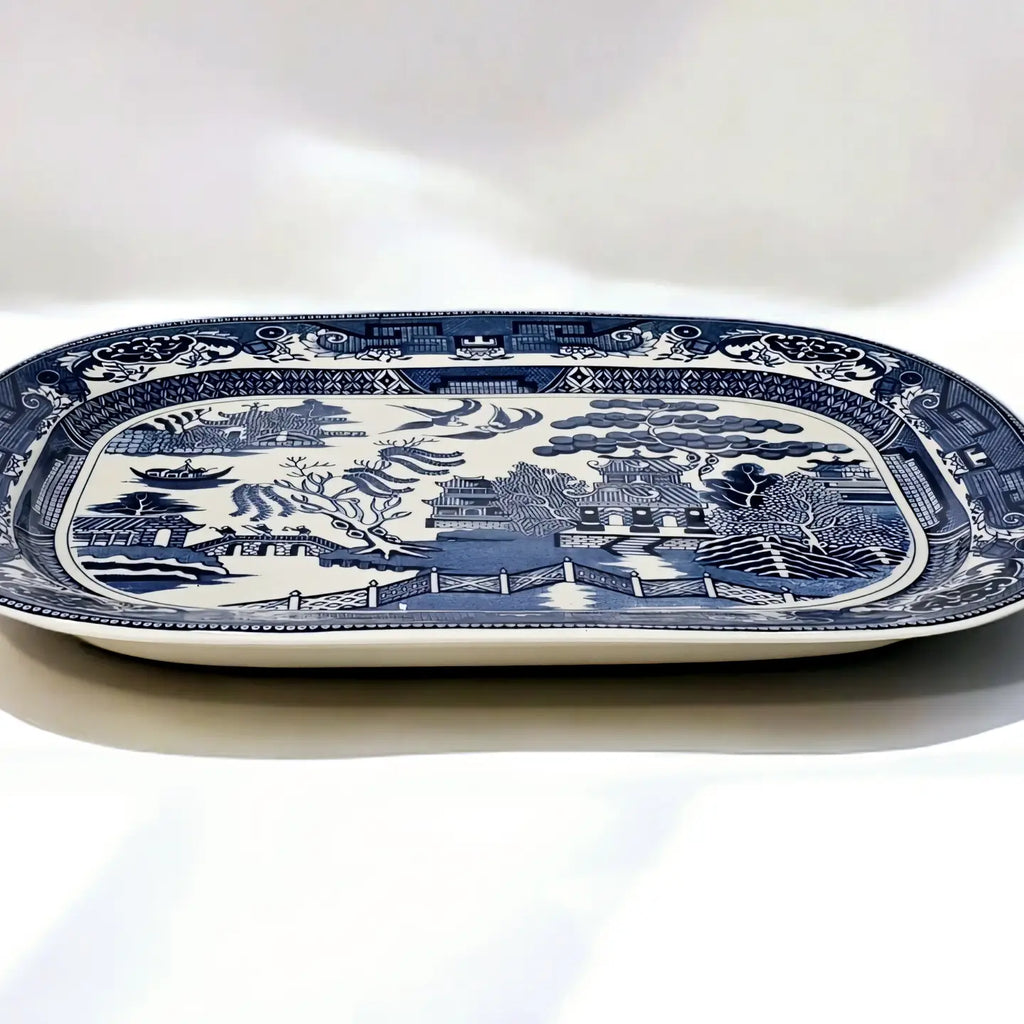 Classic Blue Willow Design Chinoiserie Porcelain Platter (Stand Not Included)