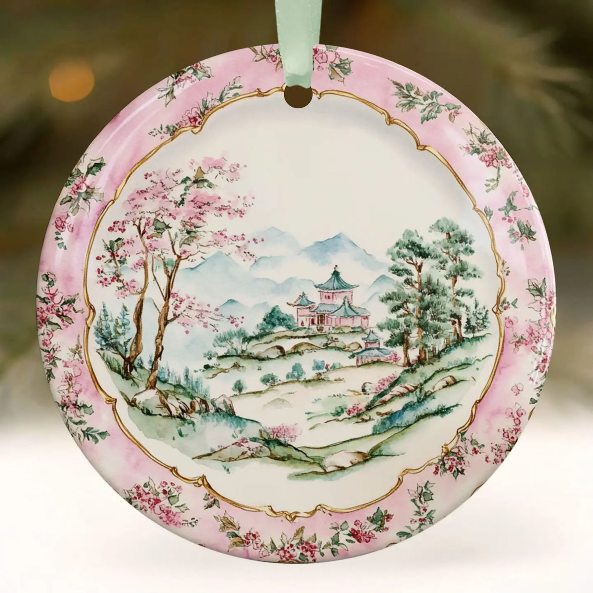 Pink Vintage Chinoiserie Holiday China Plate Ornament | Chinoiserie Ornaments