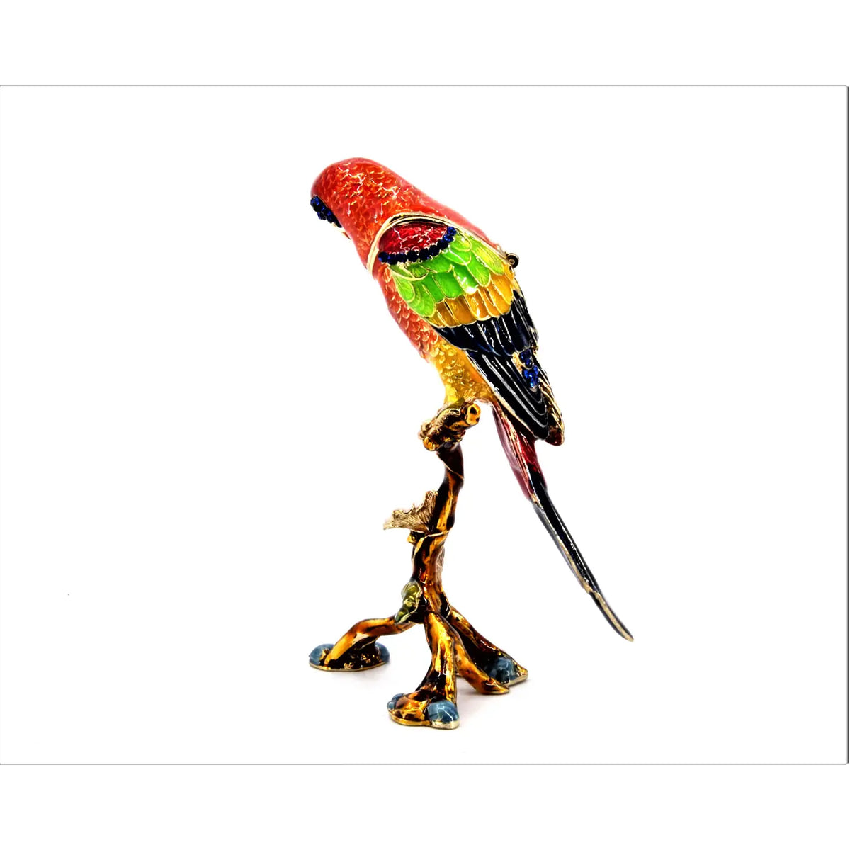 Hand-Painted Enamel Parrot on Branch Trinket Box | Palm Beach Home Decor