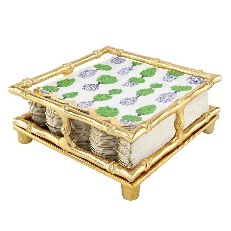Gold Bamboo Cocktail Napkin Tray | Elegant Chinoiserie Tray