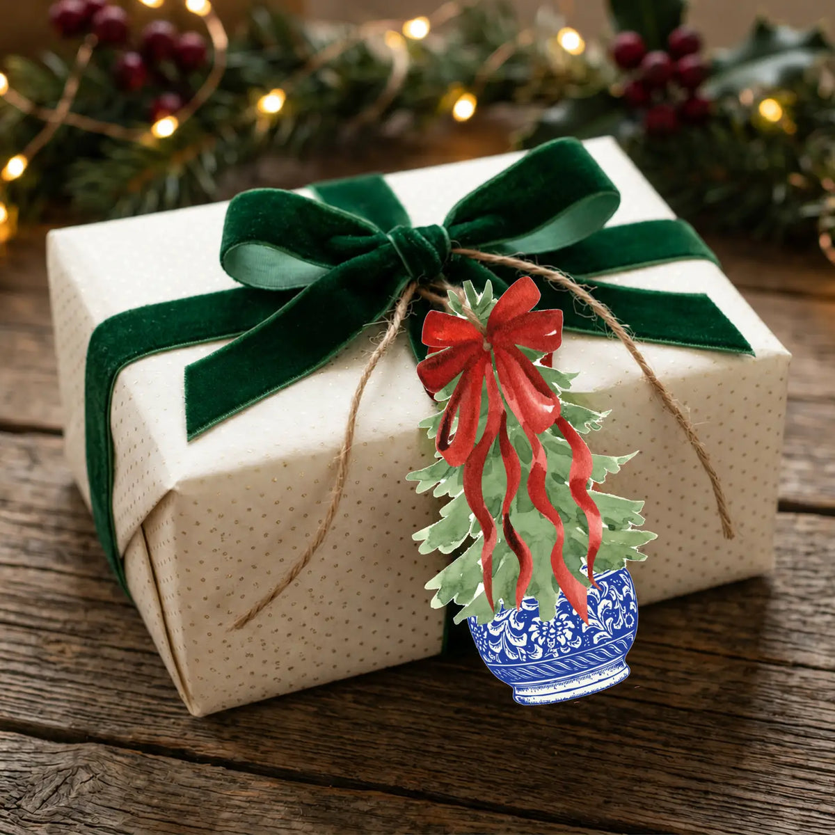 Christmas Tree Die-Cut Gift Tag Set of 8 | Red Bow Chinoiserie Gift Tags