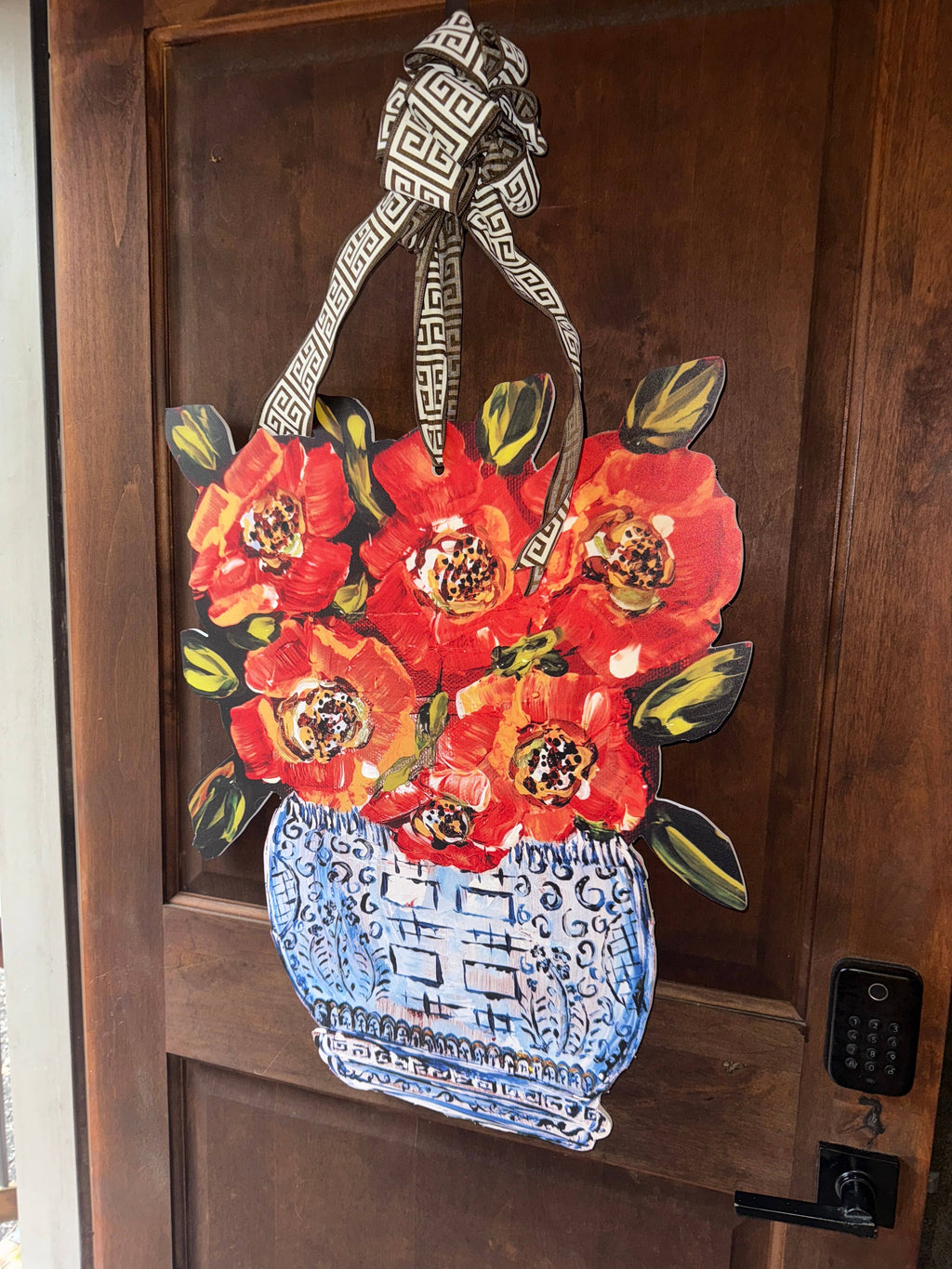 Designer Red Poppies in Ginger Jar Door Hanger | Chinoiserie Home Decor