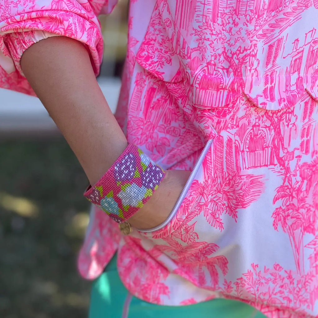 Needlepoint Hydrangea Cuff Bracelet | Grandmillennial Floral Jewelry