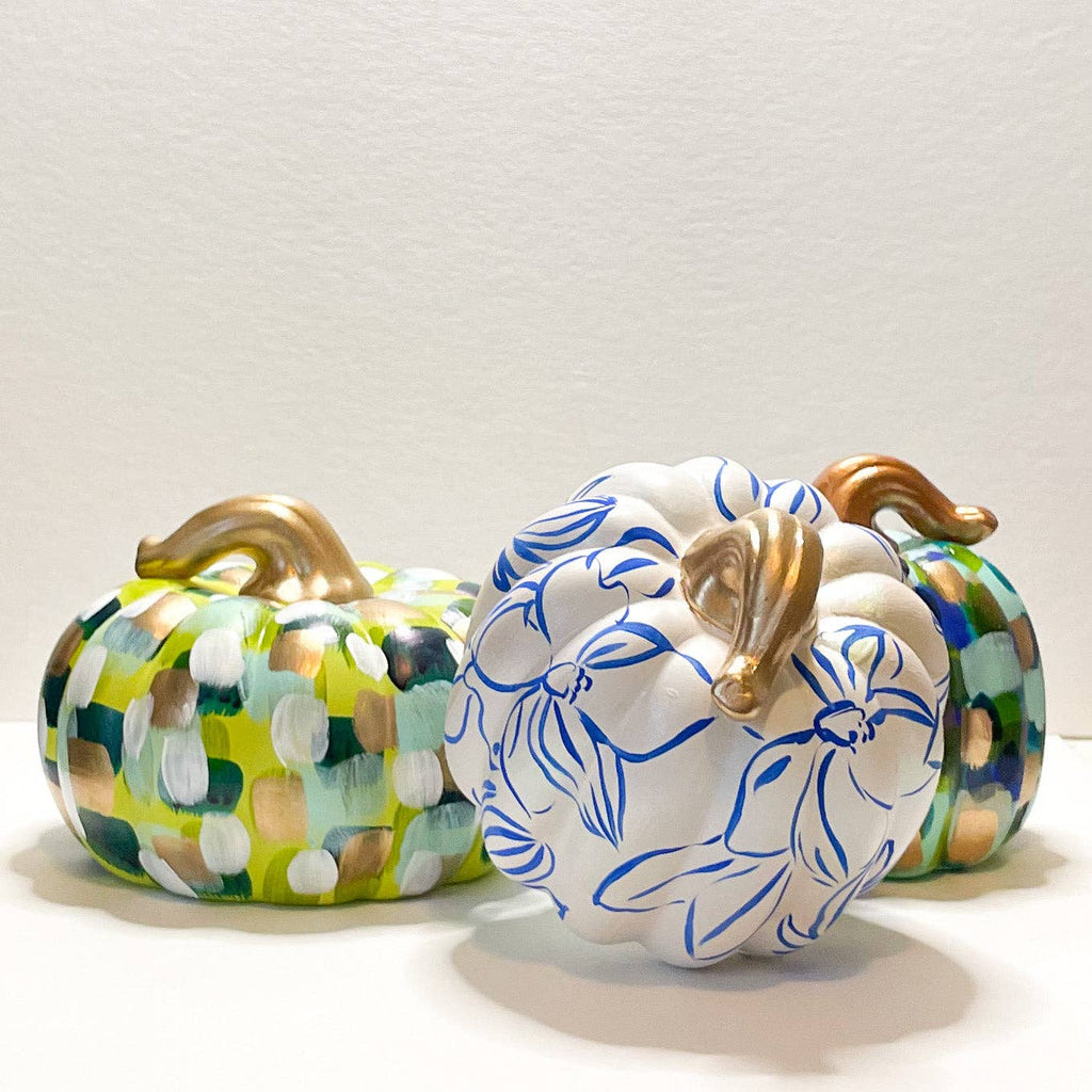 Hand-Painted Green Abstract Ceramic Pumpkin | Elegant Fall Home Decor