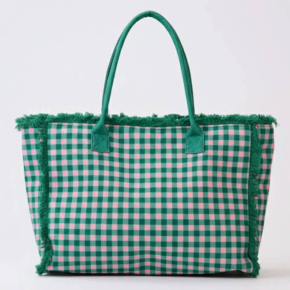 Gingham Terry Cloth Tote Bag with Frayed Fringe